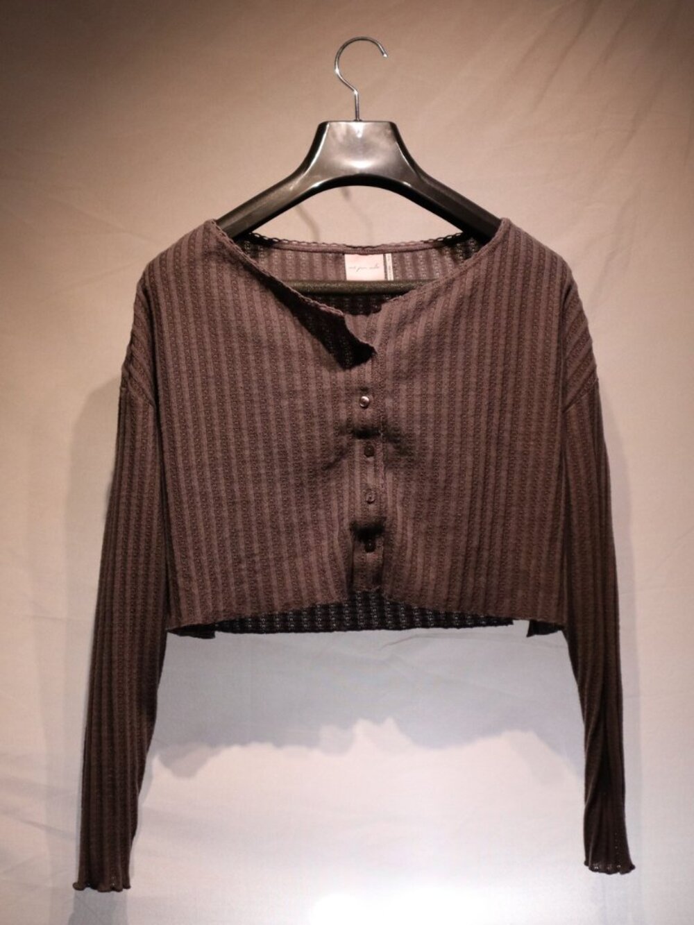 Out From Under Brown Pointelle Henley Crop Top S Lettuce Hem